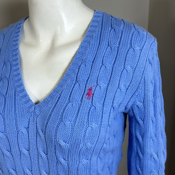 Ralph Lauren Sport Cable Knit Sweater Blue Vneck Pink Embroidered Pony Sz M - Picture 3 of 9
